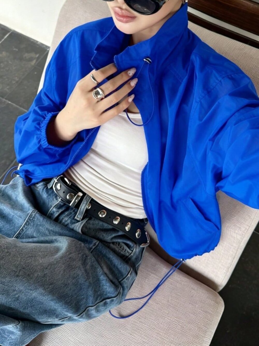 Blue Casual Women's Loose Fit Funnel Neck Zip Pocket Short Jacket - Picture 6 of 7
